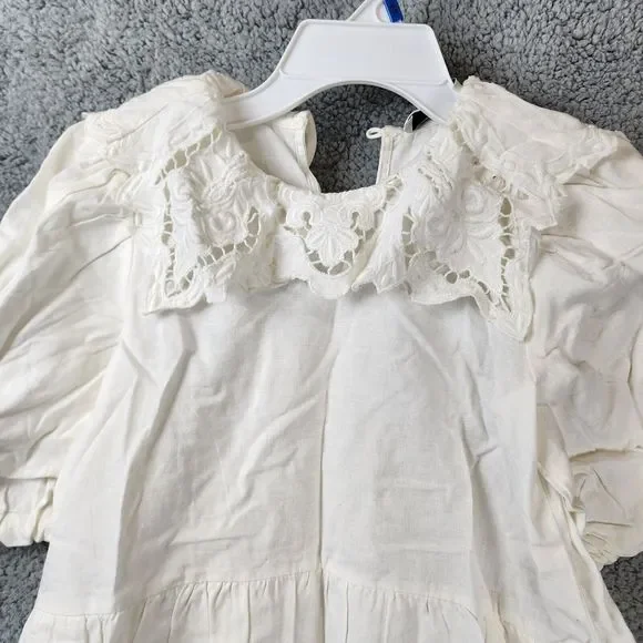 SEA NY Anita Eyelet Linen Blend Puff Sleeve Dress Girls 10 Cream Button Closure~ - Picture 3 of 11